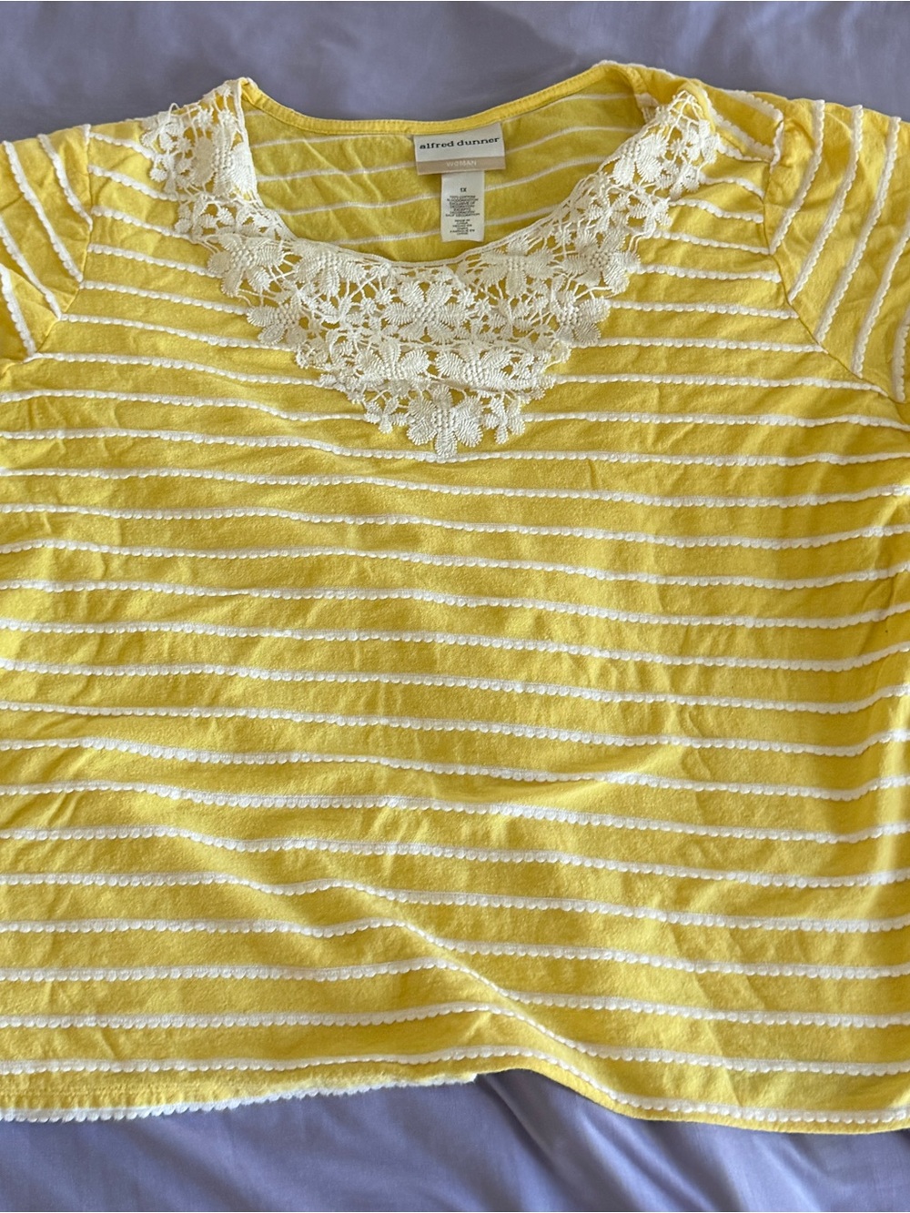 Alfred Dunner Yellow Striped Short Sleeve Top with Crochet Trim